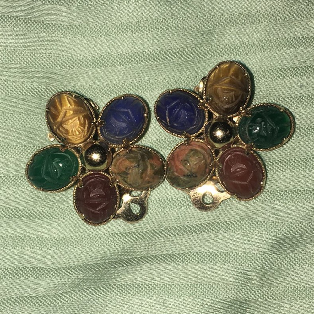 Vintage 5 Natural Stone Clip-On No Pierce Earrings